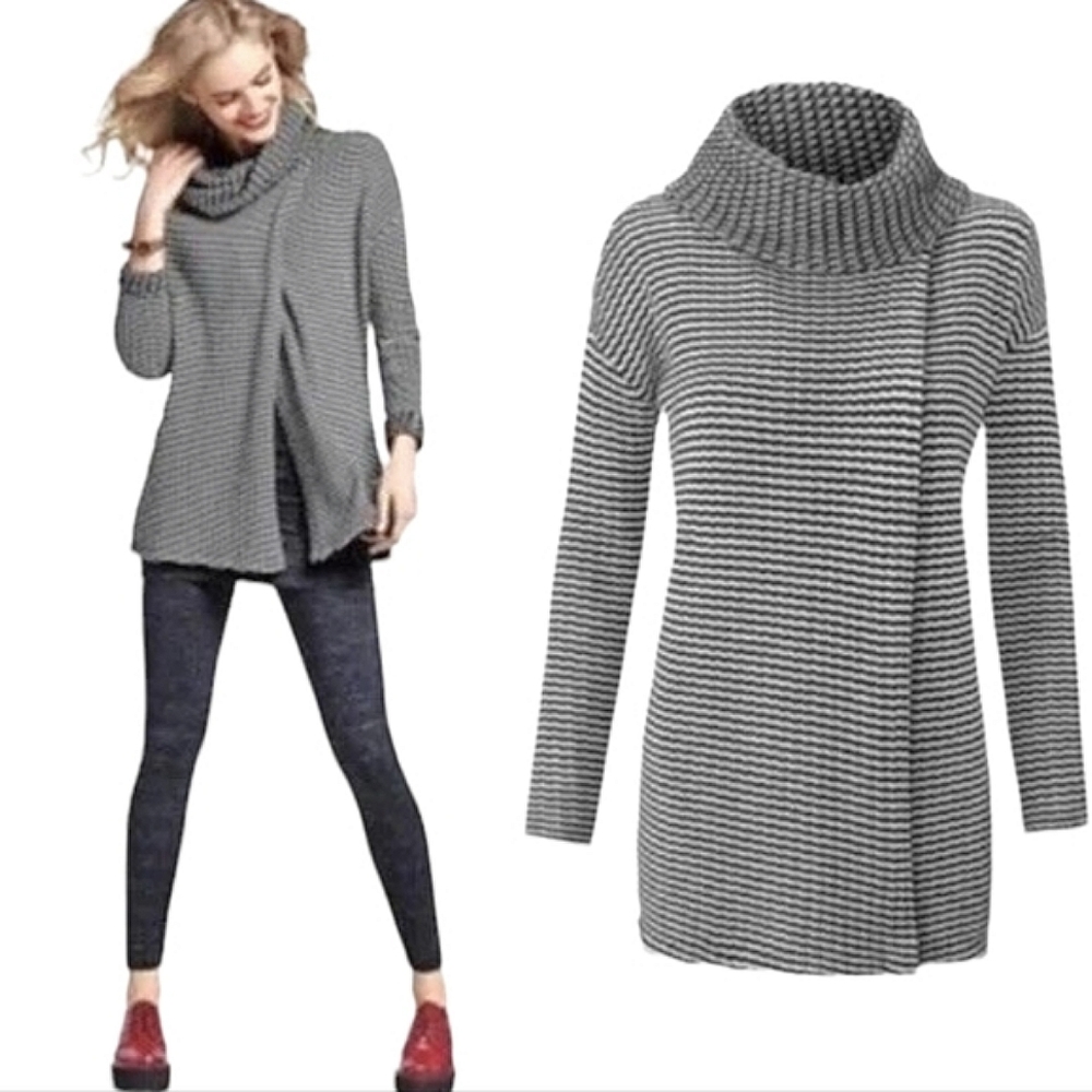CAbi Gray Striped Cowl Neck Sweater